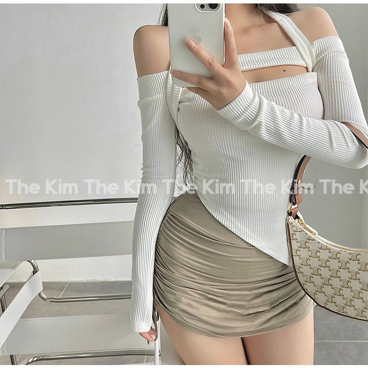 Áo trễ vai tay dài ❤️ Áo len tăm dài tay kèm dây yếm dáng ôm sexxy co giãn phong cách Ulzzang - AO16