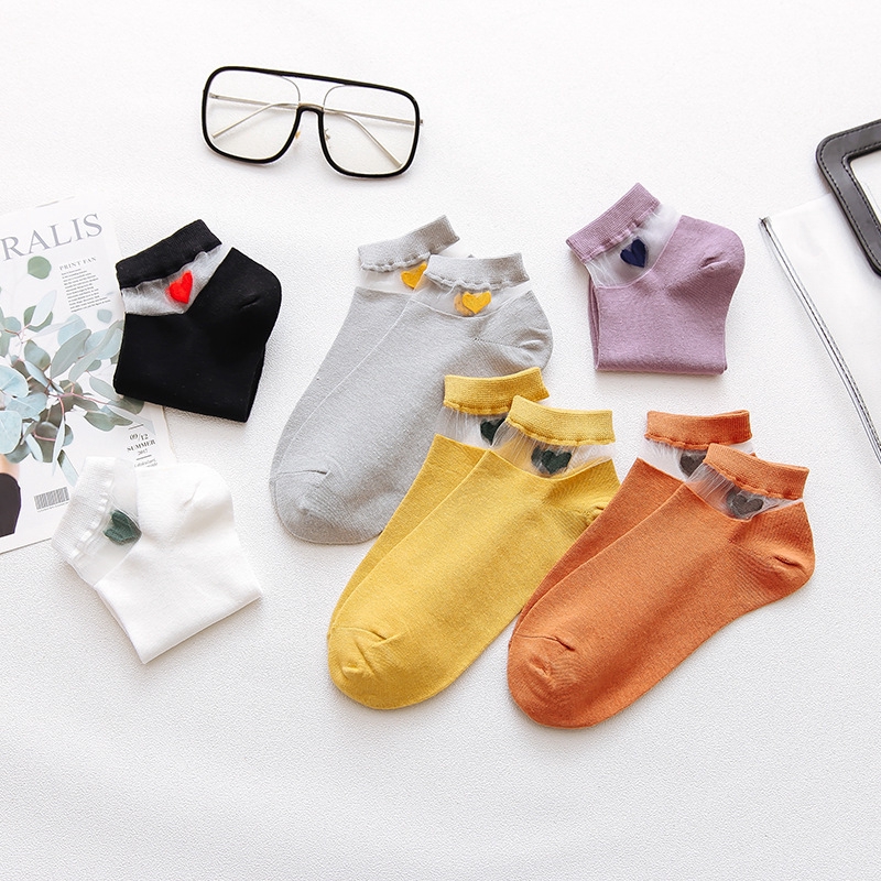 Heart Love Emboridery Women Ankle Socks Summer Fashion Candy Color Transparent Glass Silk Breathable Ladies Socks Girls Hosiery