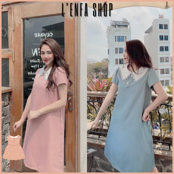 Váy Bầu Công Sở Thiết Kế Dáng Suông, Cổ Bèo, Có Túi Hông. Hai Màu Xinh Xắn Hồng/Xanh