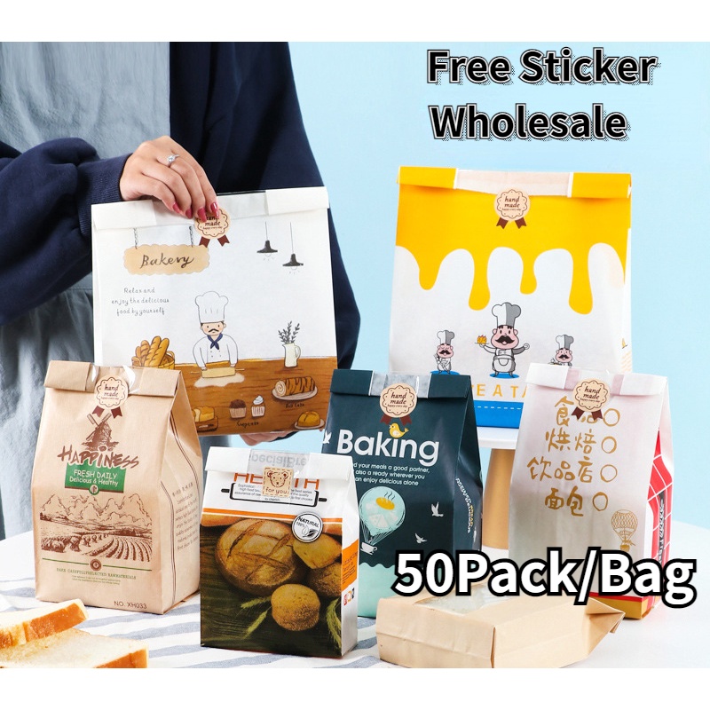 Set 50 Túi Giấy Kraft Chống Thấm Dầu Đựng Bánh Mì Có Cửa Sổ Trước Trong Suốt