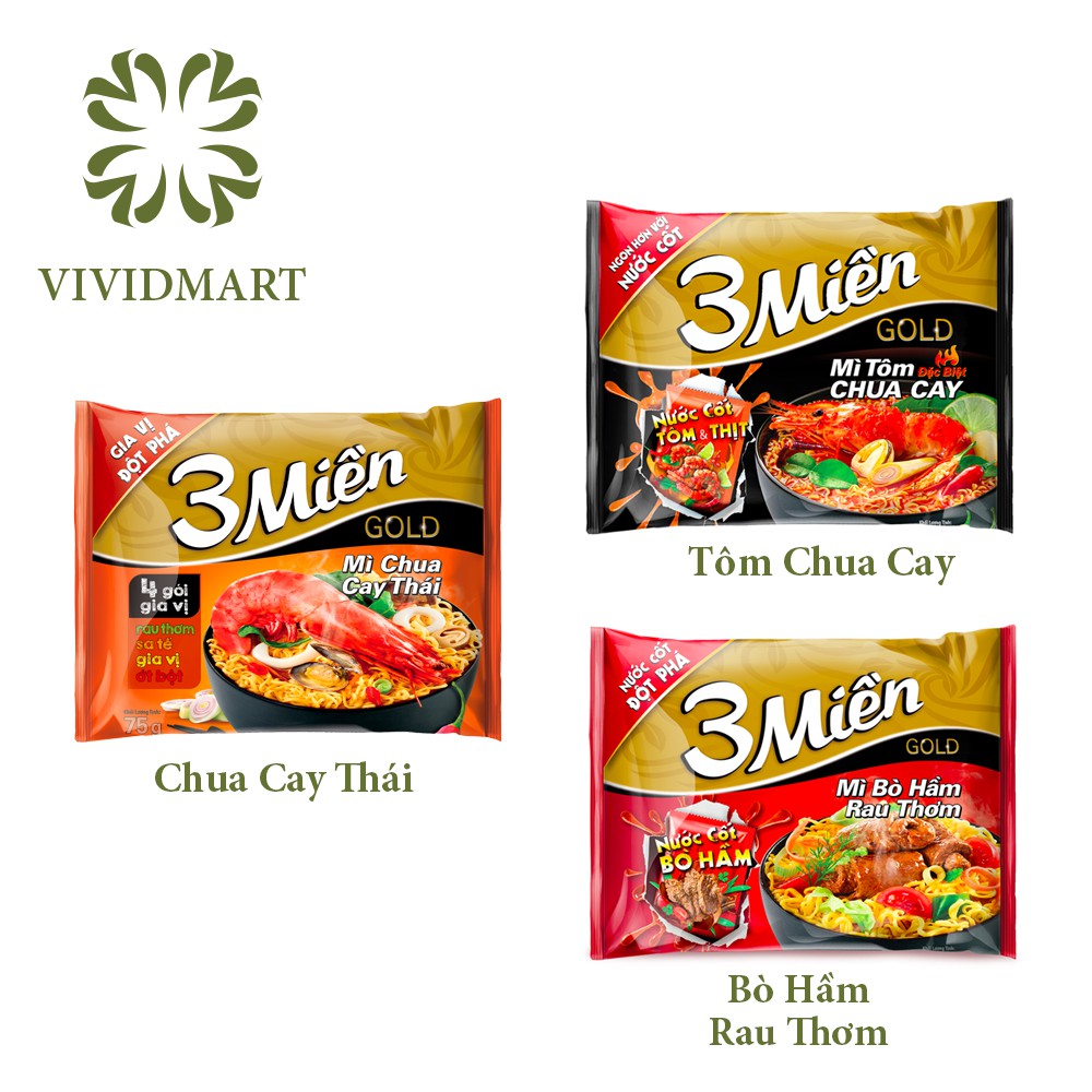 [Gói lẻ] MÌ ĂN LIỀN 3 MIỀN GOLD CHUA CAY THÁI / TÔM CHUA CAY ĐẶC BIỆT / BÒ HẦM RAU THƠM - GÓI/75g - UNIBEN