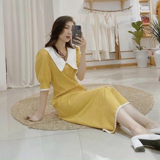 Đầm suông vàng phối trắng viền ren (kèm hình thật)