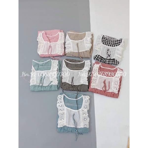 Bộ ngủ mặc nhà nữ cho bầu và sau sinh chất đũi hoạ tiết kẻ ô viền ren