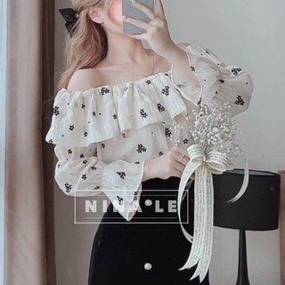Áo trễ vai hoa nhí,áo sơ mi công sở phong cách hàn quốc