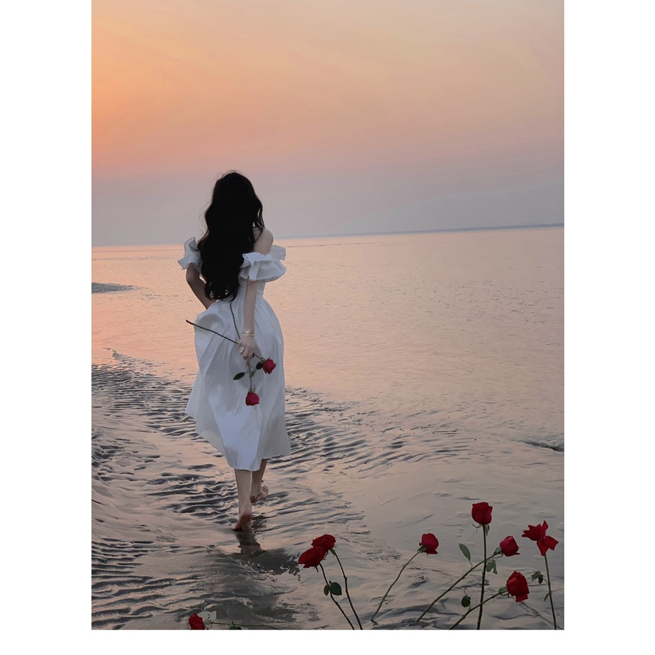 ĐẦM MIDI TRẮNG BẸT VAI NHÚN BÈO NHÍU NGỰC