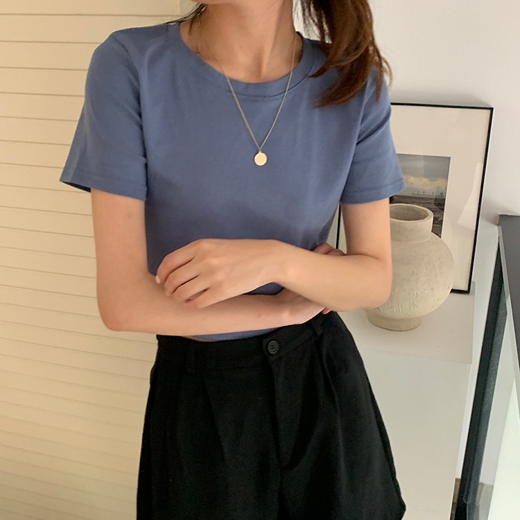 NUZIRO  Áo thun croptop  ngắn tay cổ tròn vải cotton co giãn thoải mái 8 màu lựa chọn thời trang hè cho nữ