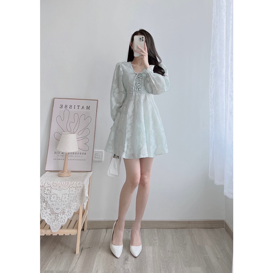 Đầm hoa dự tiệc tay phồng Cột nơ vintage Kiểu đầm xòe nhẹ công chúa.