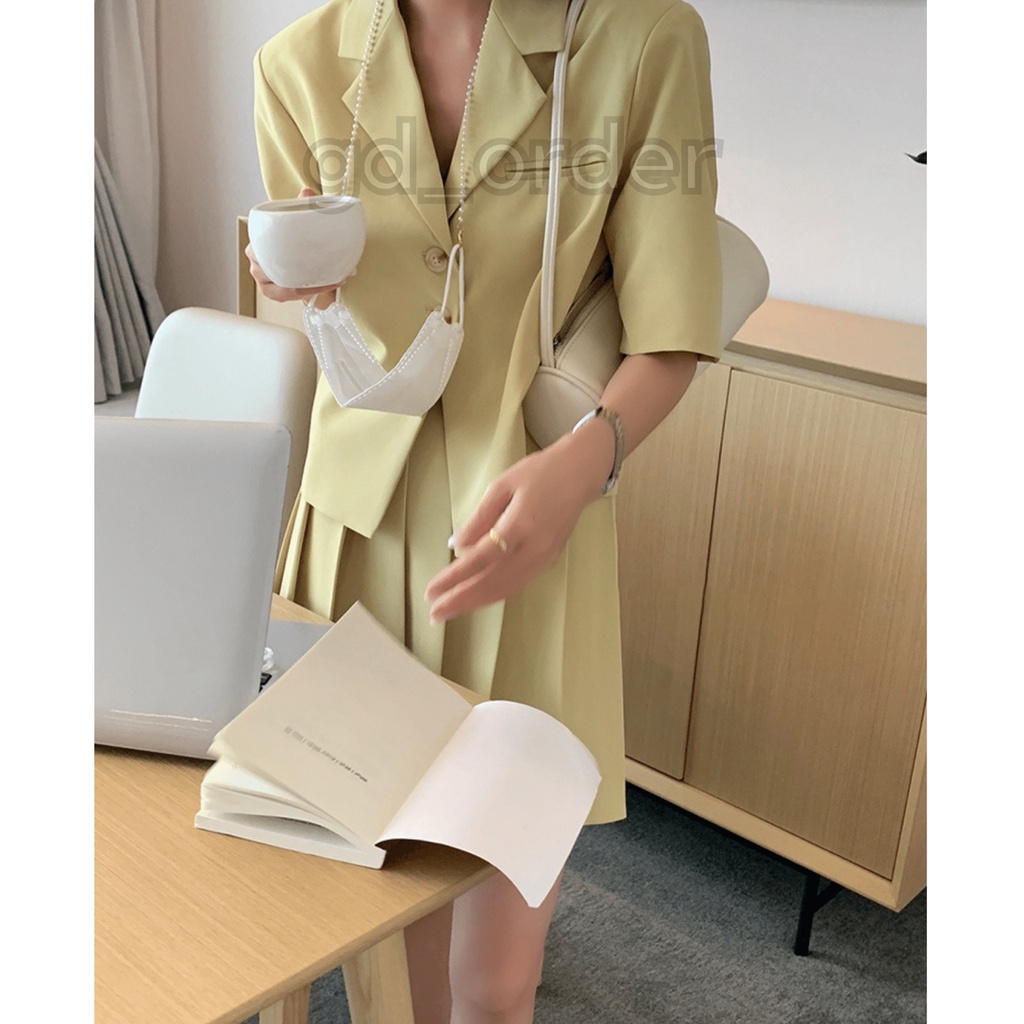 B53|Set bộ vest áo khoác ngắn tay, váy xếp ly cạp cao nhẹ nhàng màu vàng, xanh, nâu gd_order