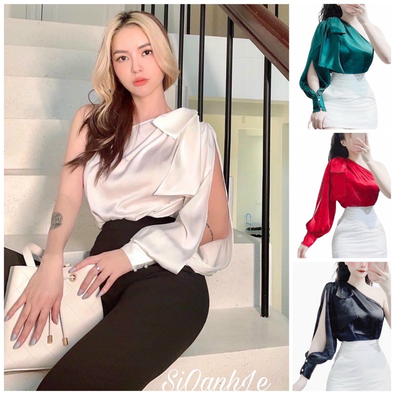 Áo lệch vai phối nơ tay dài A624