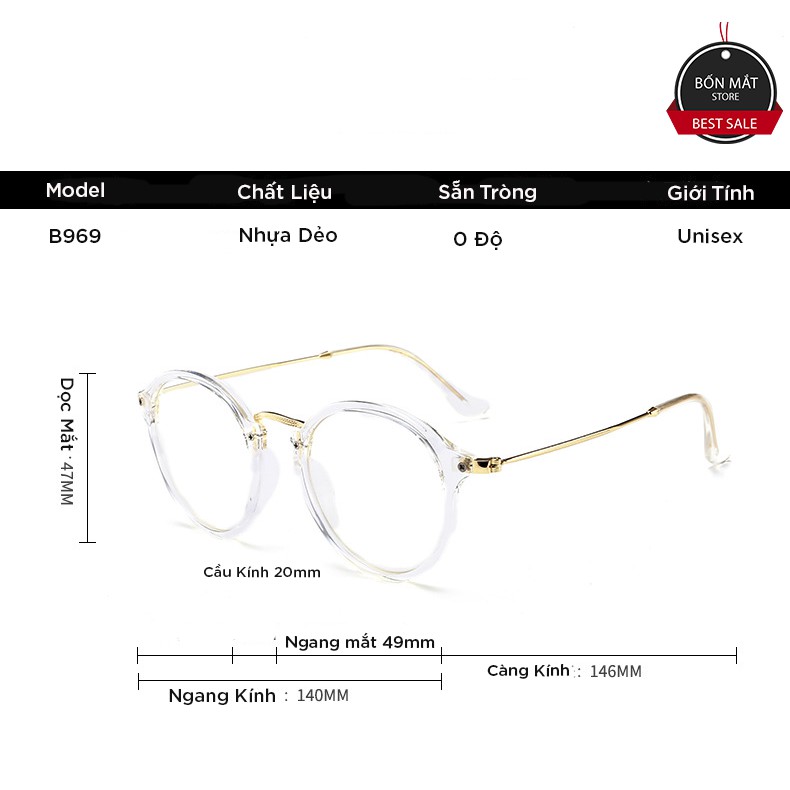 Gọng Kính Cận Tròn Vintage Càng Mảnh B969