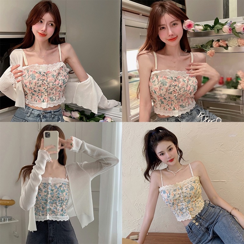 Áo Croptop Hai Dây Phối Ren Hoa Thời Trang Hàn Quốc Ngọt Ngào Cho Nữ