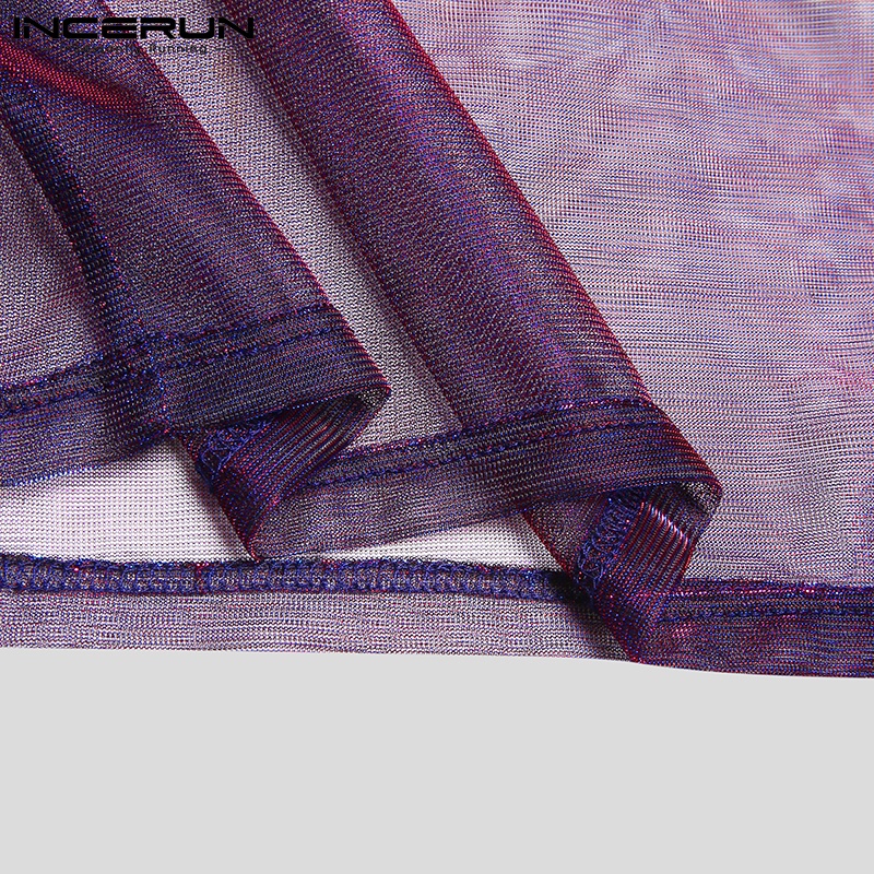 Áo kiểu INCERUN ngắn tay vải mềm mại xuyên thấu sáng bóng quyến rũ thời trang cho nam