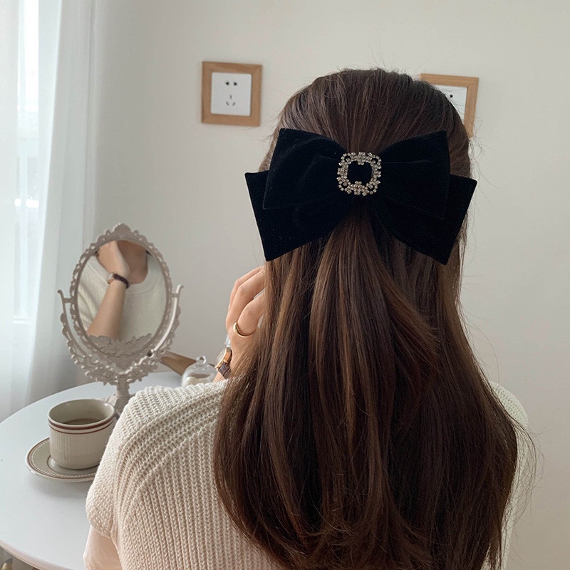 Kẹp Tóc Nơ Vải Nhung Màu Đỏ Đen Phong Cách Vintage