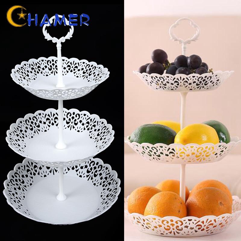 Durable 1pc Table Kitchen Display Decor 25.5*40cm White PP 3-layer Fruit Dessert Detachable Hollow Tray Storage rack
