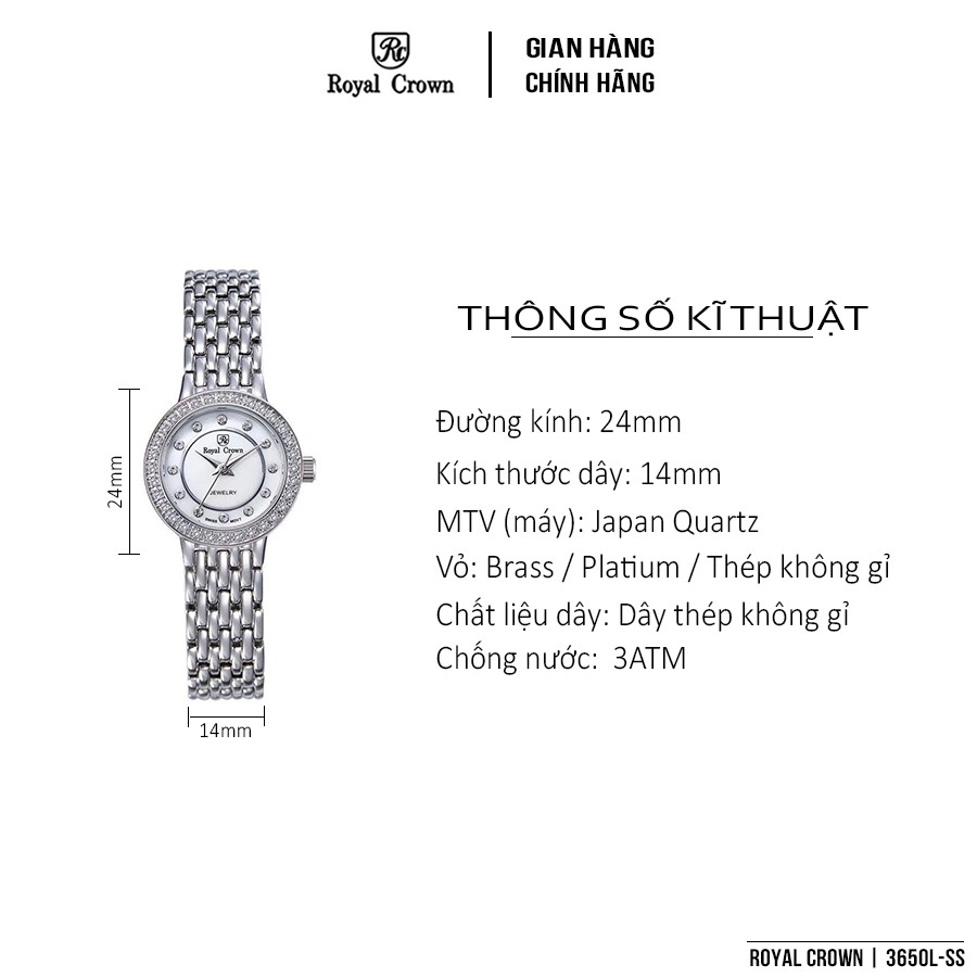Đồng hồ nữ Chính Hãng Royal Crown 3650L-SS Dây thép vỏ trắng