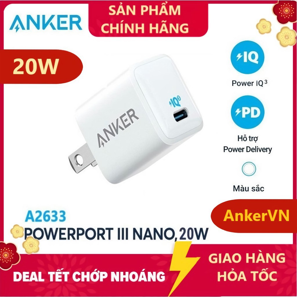 【Anker Powerport III Nano 20W PD QC - A2633】Củ Sạc ANKER PowerPort III Nano 20W - A2633 Sạc Nhanh lphone 12/11 Series