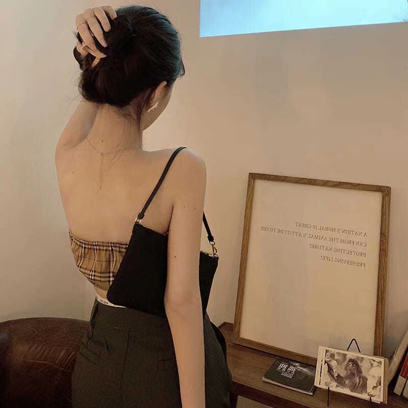 DUNEA Áo Hai Dây Họa Tiết Sọc Caro Quyến Rũ Thời Trang Cho Nữ