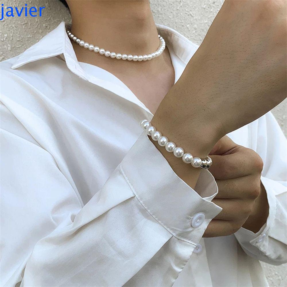 Bộ Vòng Tay + Vòng cổ Xâu Hạt Ngọc Trai Nhân Tạo Đơn Giản Cá Tính Cho Nam Nữ
