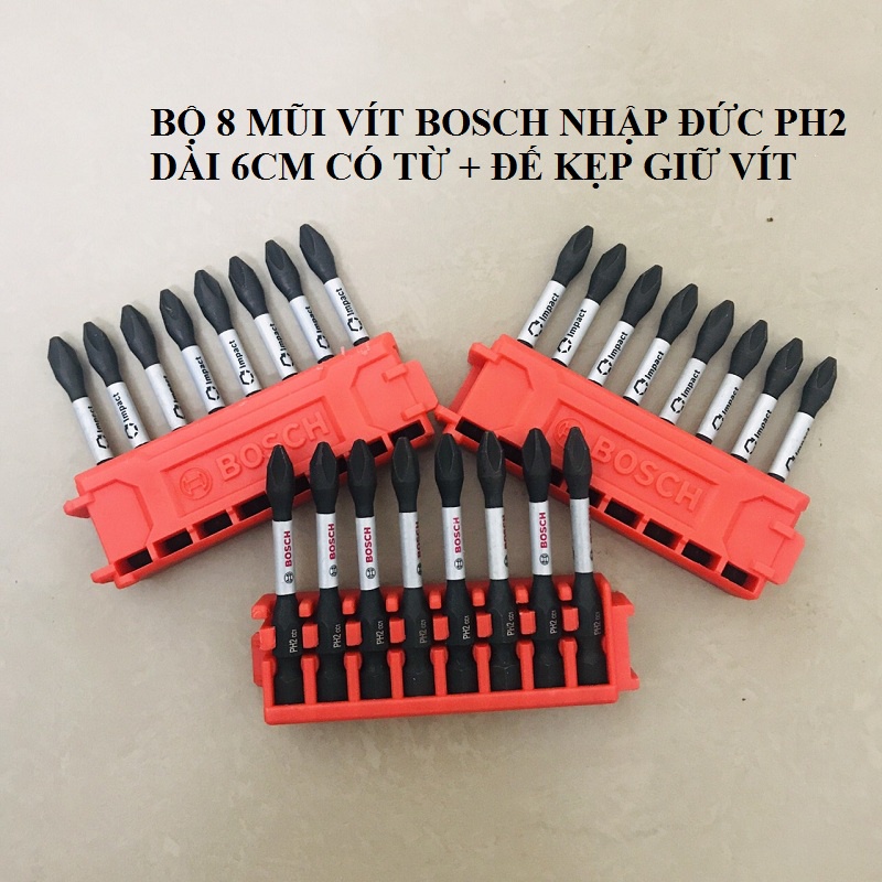 Combo 8 mũi vít Bosch ph2 - 6cm chính hãng Tặng kèm đế giữ vít