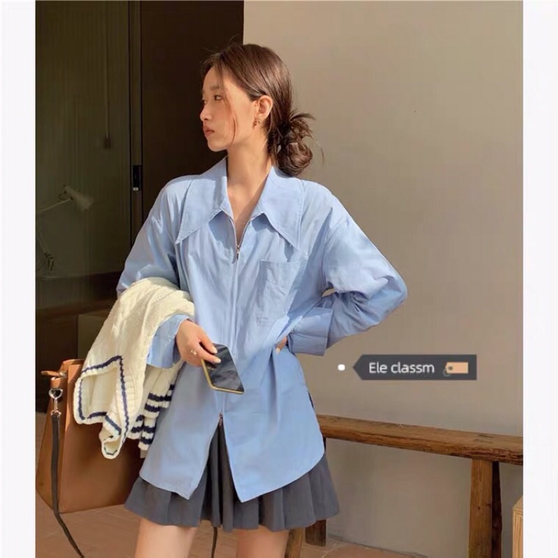 Áo sơ mi phụ nữ dài tay áo kéo khoá thiết kế mới