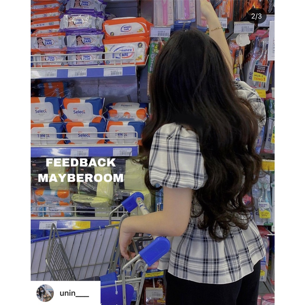 Áo sơ mi kẻ thiết kế bo chun Linda Mayberoom