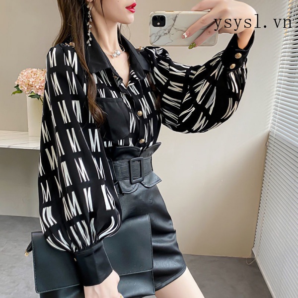 Áo Sơ Mi Chiffon Tay Phồng Dáng Rộng In Chữ Thời Trang Mùa Thu 2022 Mới Cho Nữ