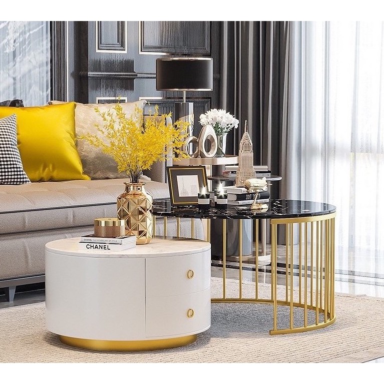 Bàn trà sofa đôi đa năng có hộc tủ Tilda mặt đá chân sắt cao cấp cho phòng khách