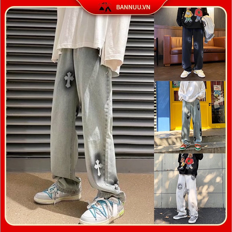 quần jean nam phong cách Hàn Quốc quần jean ống suông nữ quần bò ống from rộng quần baggy jean thời trang quần jean ống suông