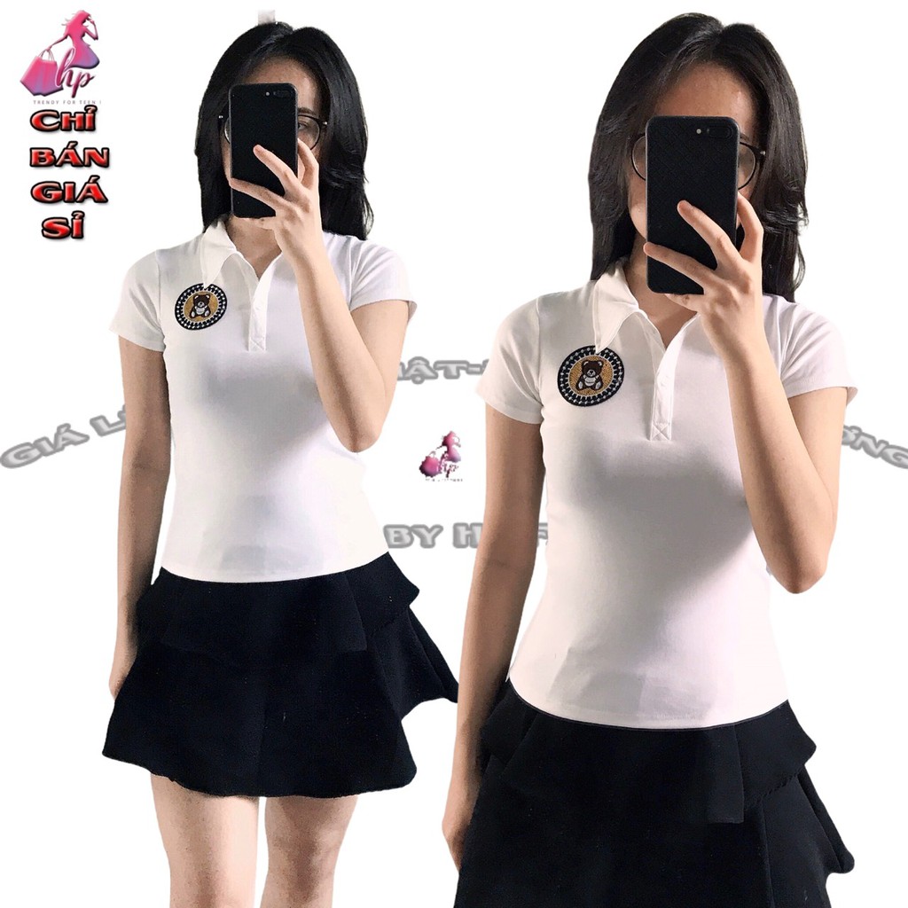áo thun nữ cổ bẻ phối kim sa mẫu mới 2021