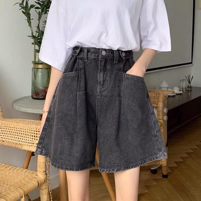 Quần short jean nữ ống rộng Nút Hông Ulzzang màu đen xám