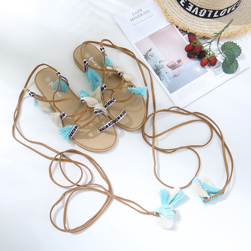 SANDAL BOHEMIAN DÂY BUỘC |SANDAL BOHO CHẤT DA LỘN