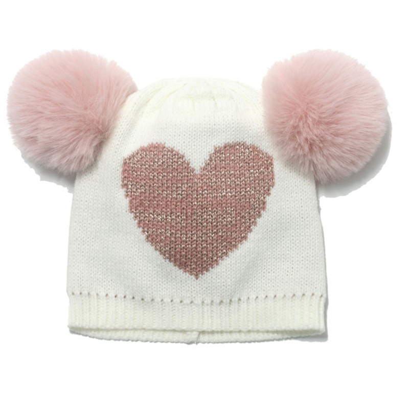 Mũ Len Beanie Dệt Kim Đính 2 Quả Bông Bảo Vệ Tai Thời Trang Thu Đông Cho Bé