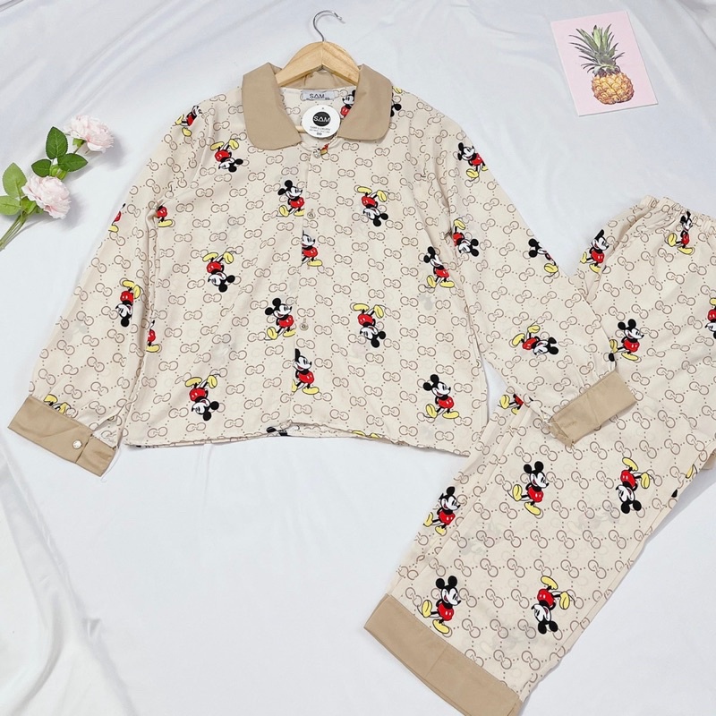 Đồ bộ ngủ pịjama tay dài quần dài cổ sen 2 lá lụa Mango Sam | BigBuy360 - bigbuy360.vn