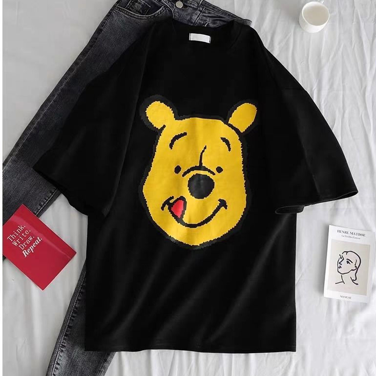 Ready Stock Hanwinnie Bear Printed Student Girl Round Neck Short Sleeve Lady Print Wide Simple Shirt Top