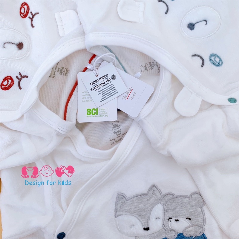 Bộ nỉ nhung xuất dư Blukids Bebé cho bé gồm áo cúc bấm vạt chéo, quần cạp cao liền tất thú