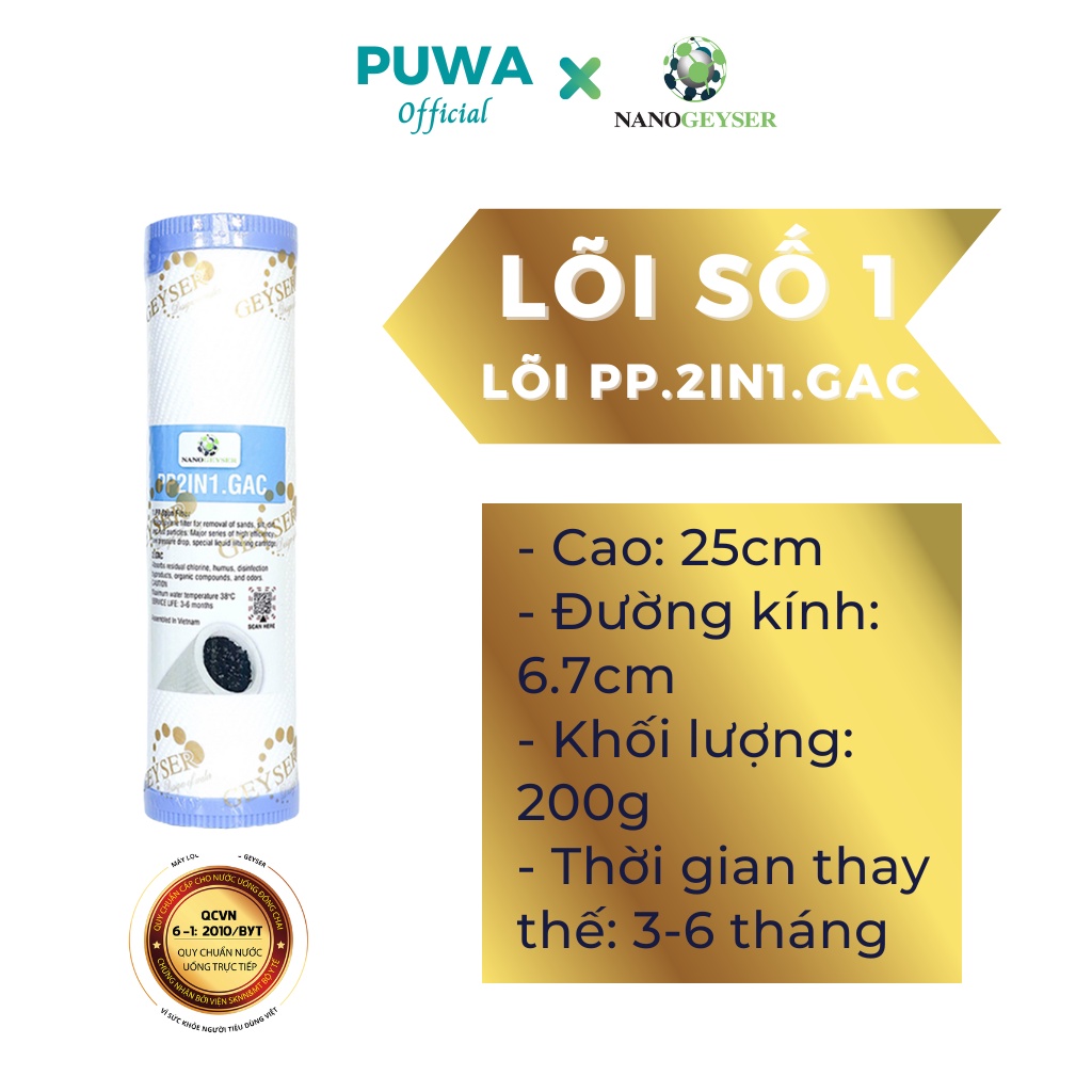 Bộ 2 lõi lọc nước 12 dùng cho các dòng máy NANO và UF, Lõi PP.2IN1.GAC, Cation
