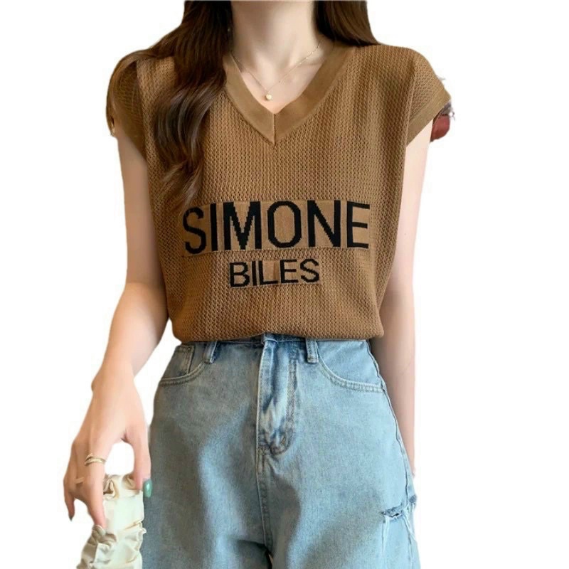Áo len lưới chữ Simone cổ tim trơn, len lưới mỏng mềm mát dáng tay hến