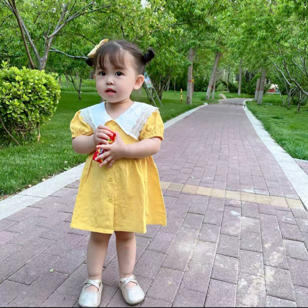 Váy bé gái - Váy thô cài cúc cổ ren siêu xinh cho bé gái 1-5 Tuổi [ELSAKIDS]