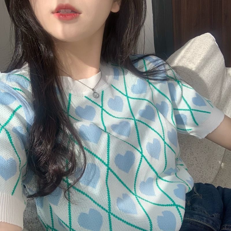 Áo Dệt Kim Tay Ngắn Họa Tiết Màu Sắc Tương Phản Xinh Xắn 185245 Áo Kiểu Hàn Quốc Dáng Ôm Thiết Kế Ngọt Ngào Dễ Phối Đồ