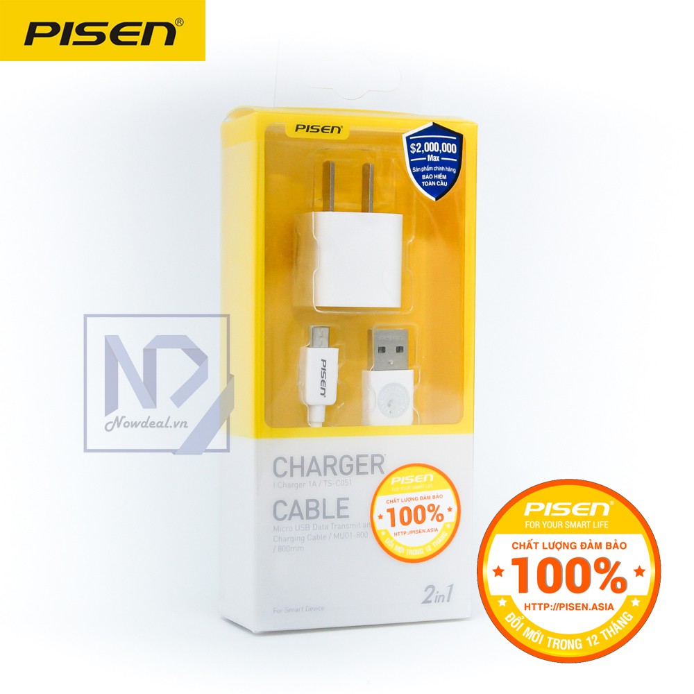 Combo cóc sạc 1A và cáp Micro USB Pisen (Trắng) - Hàng phân phối chính thức
