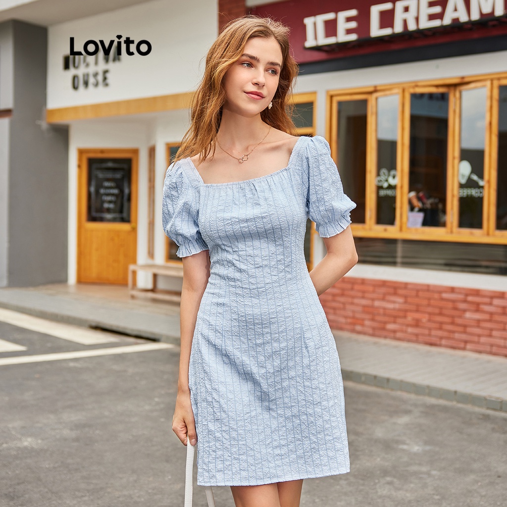 Lovito BACK TO SCHOOL Đầm nữ quấn tinh xảo giản dị L32EE031 (Xanh lam)