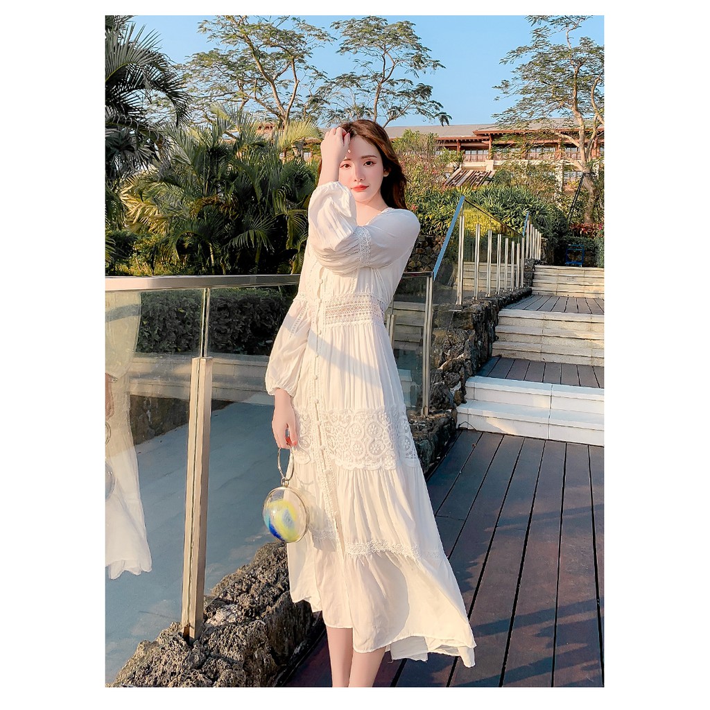 Váy maxi trắng dài tay pha ren chất siêu mát  260620