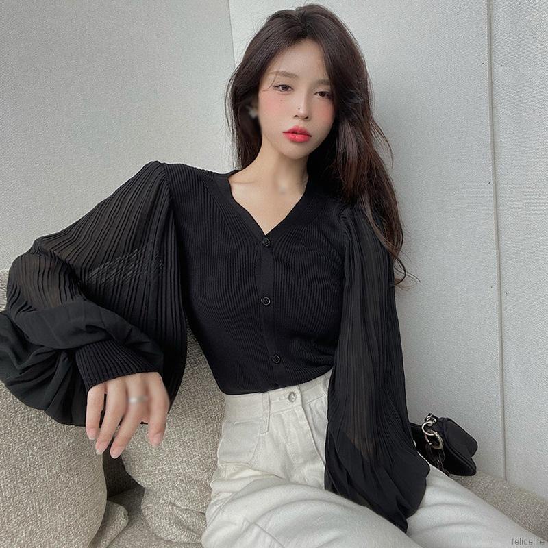 Áo sơ mi voan cổ V tay phồng thời trang nữ tính