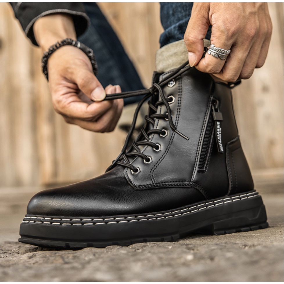 (VIDEO THẬT HÀNG TUYỂN CHỌN) - Giày bốt nam bốt cổ cao khóa zip tăng chiều cao 7 cm phiên bản Martin boots zip 2022
