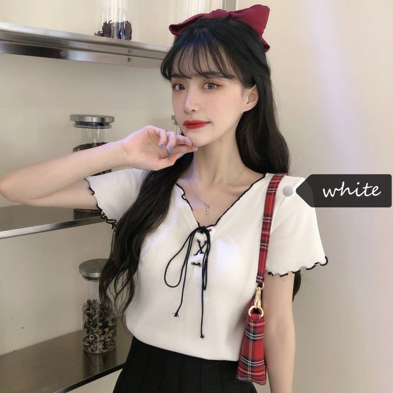 Áo Thun Dệt Kim Tay Ngắn Cổ Chữ V Cột Dây Thời Trang Mùa Hè 2022 Cho Nữ