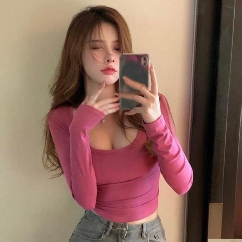Áo thun tay dài ôm sát body cổ tròn co dãn hồng sen - Order taobao quảng châu