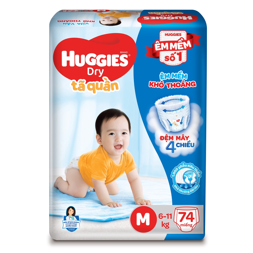 [Mẫu mới - Tặng 16 miếng] Combo 2 Tã quần Huggies Dry Super Jumbo M74/L68/XL62/XXL56:L68:L68+8