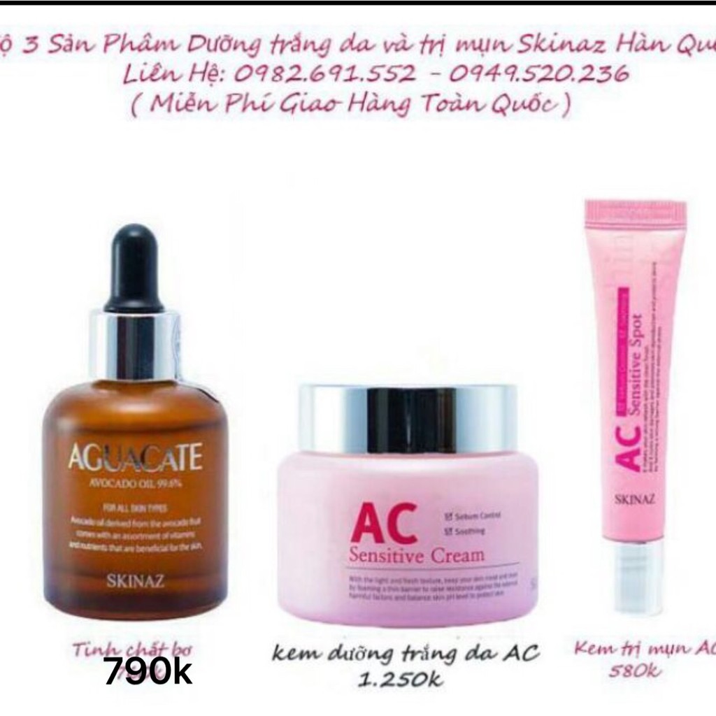 Bộ 3 sản phẩm dưỡng trắng da dành cho da mụn,da dầu, da nhạy cảm Skinaz - Tinh chất bơ, Kem dưỡng AC, Kem Mụn AC