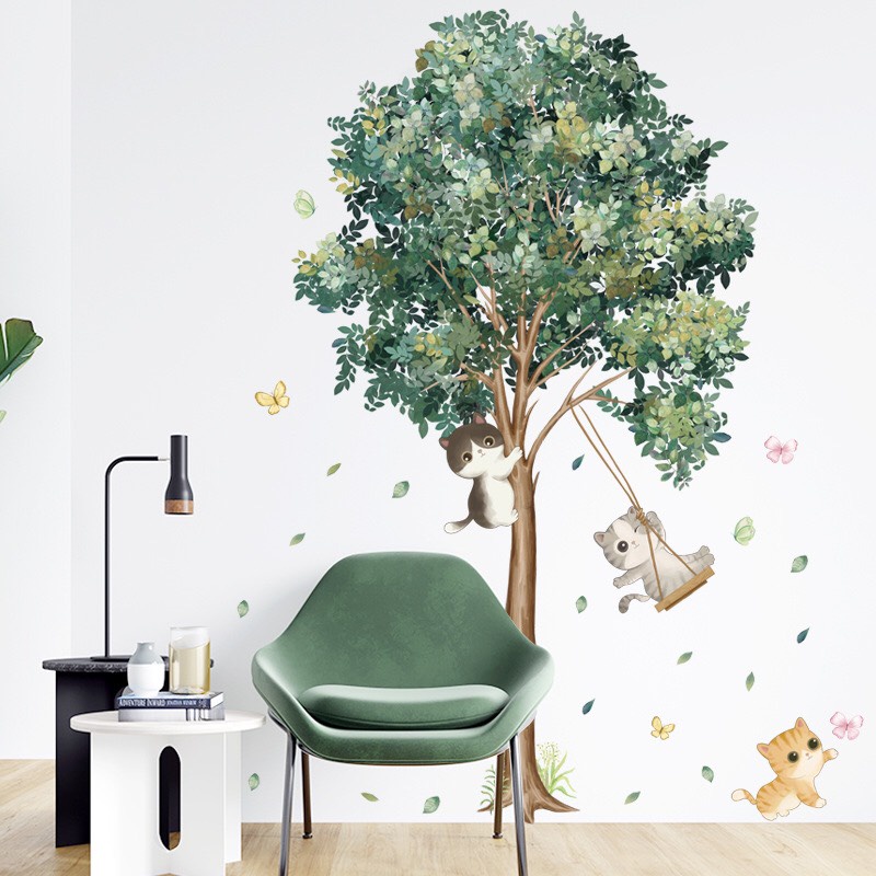 Decal trang trí tường - 3 chú mèo chơi xích đu xung quanh cây