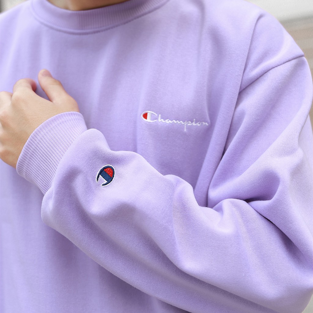 Áo Tay Dài Sweater Champion Chữ Thêu Sắc Nét Có Chất Liệu NỈ Bông Cotton Màu Tím